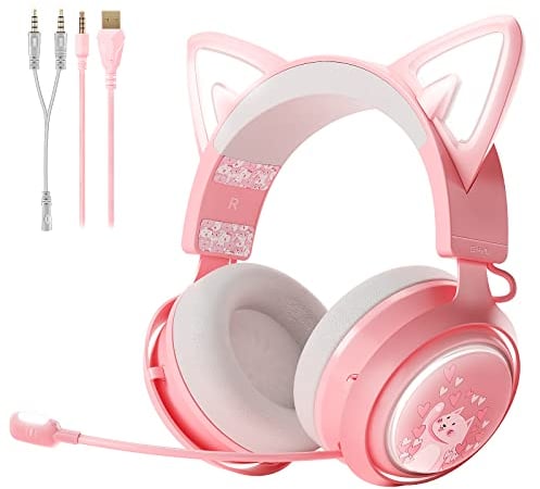 SOMiC Gaming Headphone with Mic, Cat Ear Headphones, 3.5mm Wired Headphones with Retractable Mic Noise Cancelling, for Xbox One, PS5, PS4, PC, Pink
