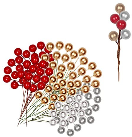 100pcs Christmas Holly Berries Artificial Holly Berries,Mixed Color Picks Winter Berries Bunch Berry Branches,Xmas Red Berries for Xmas Tree Ornaments,Wreath Making Supplies,DIY Crafts,Home Decor