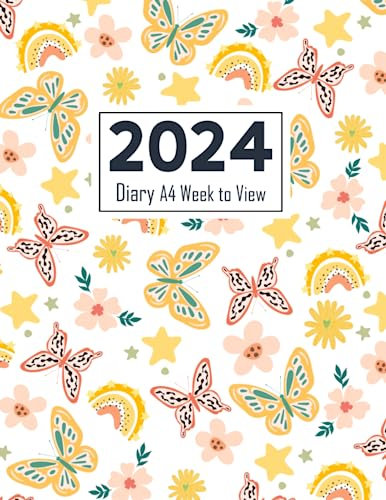 2024 Diary A4 Week to View: Planner from January 2024 to Decembre 2024 with UK Holidays, Butterfly Cover