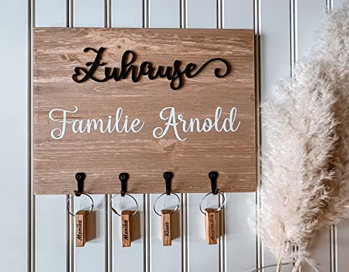 Die Geschenke Manufaktur, Personalisiertes Schlüsselbord Holz mit Haken und Namen, Schlüsselbrett inklusive Schlüsselanhänger, individuelle Wanddekoration