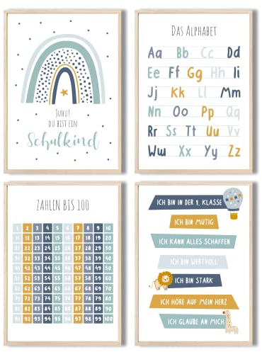 MeinBaby123® pädagogische Lernplakate Lernposter | Bilder Kinderzimmer | 4er Set A4 Poster Set | Alphabet ABC, Zahlen | Vorschule, Grundschule | Wandposter Premium (Lernposter blau - 4er Set)