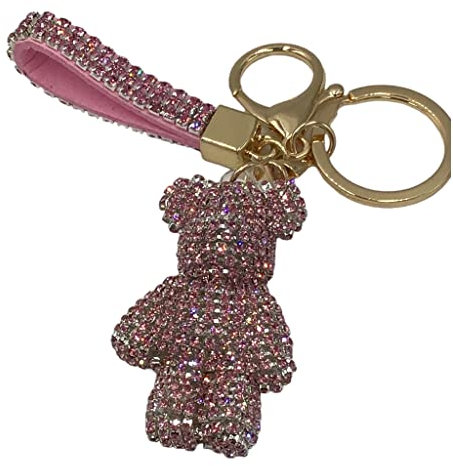 Steinfixx® Edler Glitzerbär Schlüsselanhänger mit Ring und Lederschlaufe | luxuriöses Geschenk | Cartoon | Strass (Rosa)