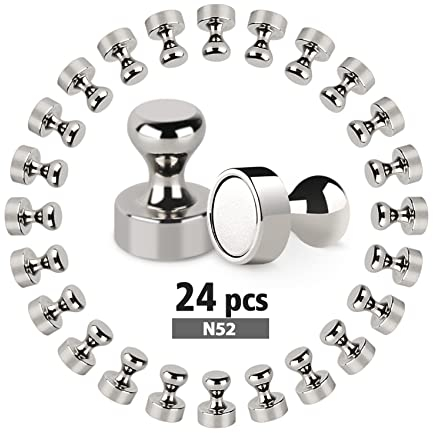 ABSOFINE Neodym Magnete Extra Stark, 24 Stück N52 Mini Magnete mit Griff Push Pins, Silber Magnete Stark für Whiteboard Kühlschrank Magnettafel (12 x 16mm)