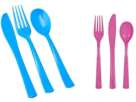 Unique UK 39492 Royal Blue Assorted Plastic Cutlery Set 18 Pcs, Pack of 18 & 39490 Re-Usable Plastic Cutlery Set, Hot Pink, Pack of 18