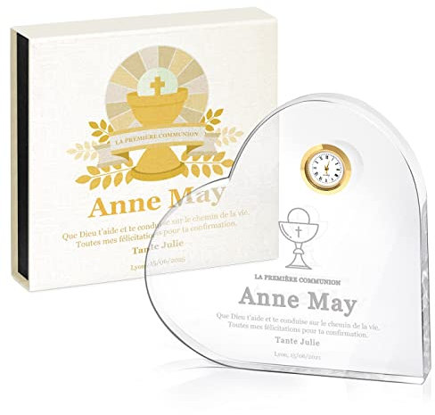 Maverton Cœur en verre personnalisable - Statuette en cristal 3D avec horloge et boîte élégante - à offrir pour baptême - souvenir de communion - pour filleul - filleule - communion privée -