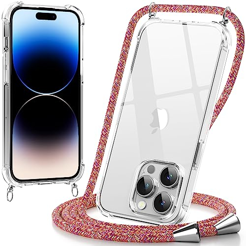caslord Handykette kompatibel mit iPhone 14 Pro, Necklace Hülle mit Bands Handyhülle für zum Umhängen, Transparent Case mit Handykordel,Rot Rainbow
