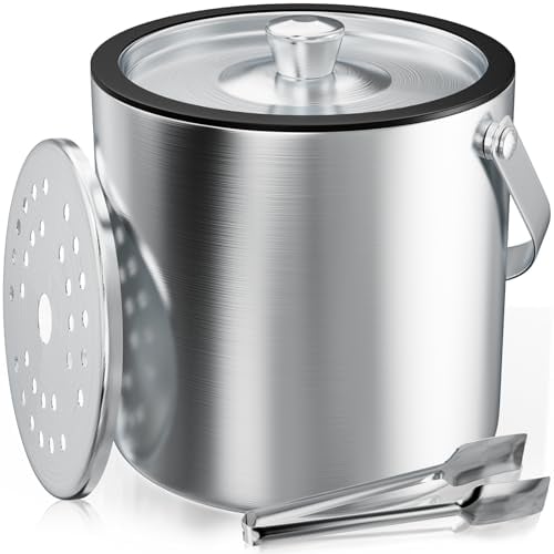 3,2L Seau a glacon avec couvercle hermétique Isotherme Double paroi Seau à glaçons Incluse Pince à glaçons et Passoire, seau a champagne seau a glace pour apéritifs Boisson Cocktails Bouteille Bar