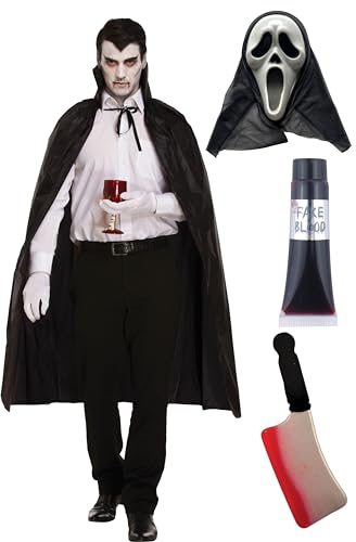 labreeze Black Dracula Cape with Collar Scream Ghost Killer Mask Fake Blood Tube Blooded Cleaver Prop Halloween Scary Dracula Costume