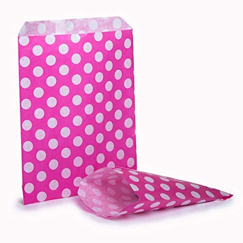 ezkart | 5x7 | Pack of 100 Assorted coloured striped paper bags Ideal for multiple occasions. Quality paper sweet bags (Pink Polka, 5x7-100 Bags)