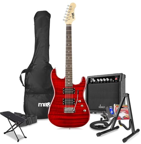 Max GigKit Quilt Top Beginner Electric Guitar Package - Dark Red - Complete Guitar Starter Pack with 6 Months Lessons - Ideal Beginner Electric Guitars with Accessories Included