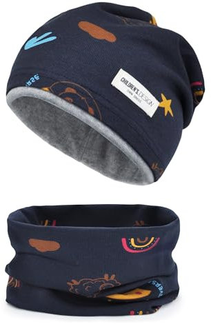 beifon Kinder Beanie Mütze & Loop Schal Set, 95% Baumwolle Mütze Schal Set Mädchen Jungen 2-8 Jahren, Schlauchschal Warme Wintermütze Strickmützen für Herbst Winter Frühling