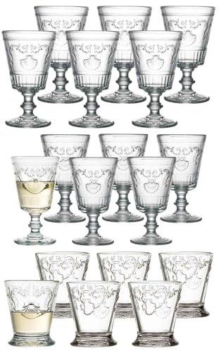 La Rochère Versailles Lot de 18 verres à vin et à eau avec relief antique, 6 verres à vin rouge, verres à vin blanc, verres à eau, transparent, verre en cristal