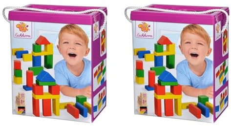 Eichhorn 100050161 50 Bunte Holzbausteine in der Aufbewahrungsbox mit Kordel und Sortierdeckel, für Kinder ab 1 Jahr, 25 mm (Packung mit 2)