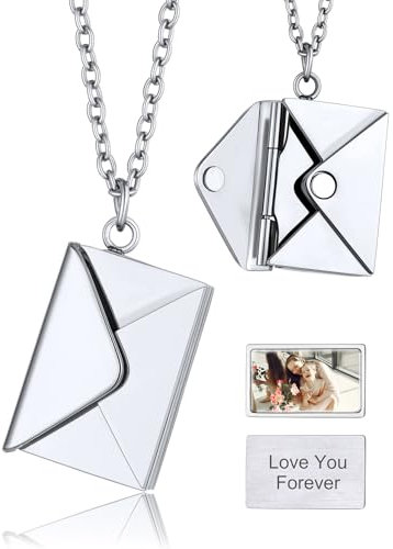 GoldChic Personalisierte Damen Umschlag Medaillon zum Öffnen mit Bild Edelstahl Aufklappbare Frauen Mädchen Memorial Briefumschlag Amulett Halskette Silber mit Gravur Modeschmuck Geschenk