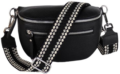 MIRROSI® Damen Bauchtasche Umhängetasche 27x14,5x8cm Damen, Made in Italy, aus Echtleder Tasche Echtes Leder, Brusttasche, Crossbody Bag,Bohemian Style (1 Tasche 2 Gurte) (Schwarz Pünktchen)