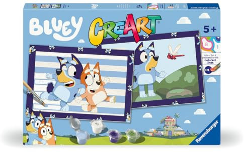 Ravensburger - Creart Junior: Bluey | Pintar por Numeros Niños | Manualidades Niña 5 Años | Lienzos para Pintar Niños | Incluye Kit Pintura Niños Completo | 2 Figuras para Pintar