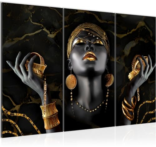 Runa Art Femme africaine Peinture Tableau Salon XXL Noir Or Fashion Beauty 120 x 80 cm 3 Parties Decoration Murale 045431a