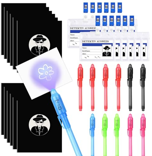 Idota 36 STK Detektive Spielzeug Kinder Set, Geheimstift mit Uv Licht Kinder + Notizbuch + Detektivausweis mit Clip, Kindergeburtstag Detektiv Entdecker Gastgeschenke für Jungen Mädchen Rollenspiel