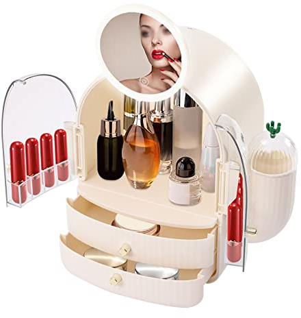 3-Etagen Multifunktionaler Make-up-Koffer Kaktus Makeup Kosmetika Organizer Kosmetik Aufbewahrungsbox Mit LED Spiegel, Weiß, 360° drehbar