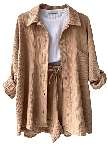 Zweiteiler Damen Sommer Musselin Outfit Musselin Bluse und Shorts 2 Teiler Kleidung Elegant Strand Urlaub Lounge Damen Set Bluse und Shorts Two Piece Set Women Outfit