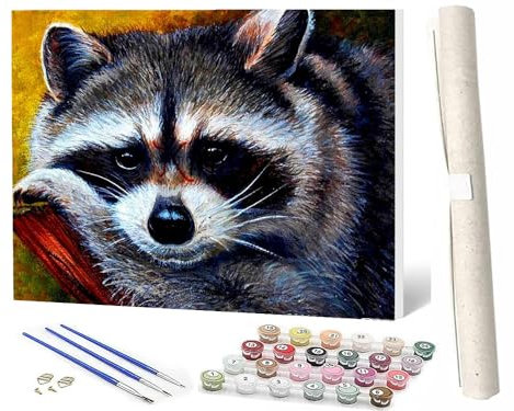 WMZPOY Malen Nach Zahlen Erwachsene, Paint by Numbers Tiere Kinder Anfänger, DIY Handgemalt Ölgemälde Leinwand Kits zur Heimdekoration, (40x50 cm) Waschbär 2