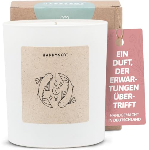 Geschenke für Fische - Duftkerze mit Spruch - Geburtstagskerze, Spirituelles Geschenk, Sternzeichen, Glückskerze - Handgemachte Kerze - Sojawachs - Weiß