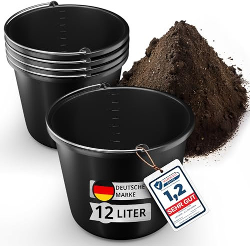 5 Stück Oramics 12L Eimer mit Edelstahl Henkel – Baueimer Kübel für Zement und Mörtel – Stabiler Wassereimer, Mörteleimer mit Skala für Haushalt, Garten, Baustellen (5X 12 Liter Putzeimer)