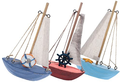 ULDIGI 3pcs Mediterranean Wooden Sailboat Model Set, Vintage Blue Red Canvas Boat Ornaments, Miniature Nautical Desktop Decor for Home, Office, Bedroom