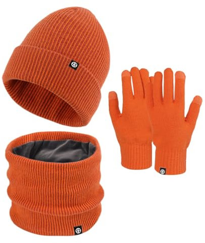 Frauen Winter Strickmütze Schal Set Mütze Halswärmer Ütze Mit Fleece Gefütterte, Thermo Wintermütze Strickmütze Schals Mütze Winter Kombi Set Schals Frauen Geschenk Weihnachten (Orange, One Size)