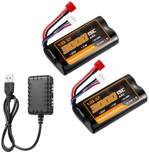 VICMILE 7.4V Li-ion Akku 3000mAh High Capacity RC Battery with Deans T Plug 2S Rechargeable Battery with 1 to 2 USB Charger Fit for WLtoys 4WD High Speed RC Cars Most 1/10, 1/12, 1/16 Scale Trucks