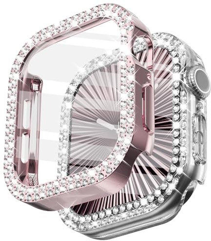 WINGLE 2 Pack Bling Hülle für Apple Watch Series 10 46mm Displayschutzfolie Hülle, Diamant Face Cover Apple Watch 10 46mm Kristall Strass iWatch Schutz Gehärtetes Glas Displayschutzfolie, Rosa/Klar