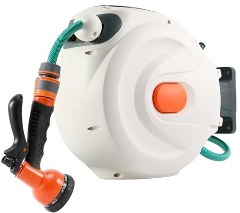 Himix Automatic Garden Hose Drum 30m + 2m, Wall-Mounted Hose Box 180° Rotating Rod, 7-Type Multi-Nozzle And Green Connection Hose