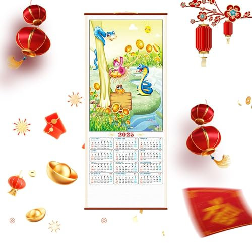 Calendrier de l'année 2025 du serpent, calendrier de défilement de l'année du serpent, calendrier chinois 2025, calendrier du nouvel an à suspendre en rotin et en bambou