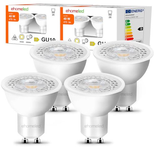 ehomeled GU10 LED Glühbirne Leuchtmittel Warmweiß(3000K), 470 Lumen, ersetzt 50W Halogenlampe, energiesparend, 38° Spotlicht, ideal für Wohnzimmer, Küche & Flur, nicht dimmbar, 4er-Pack