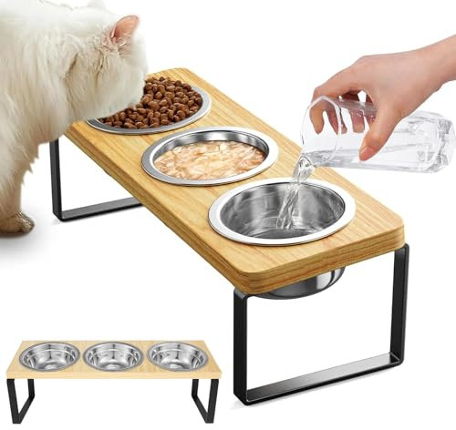 3Pcs Raised Cat Bowl, 3 in 1 Cat Bowls with Stand, Stainless Steel Cat Food Bowls With 15° Tilted Wood Stand, dog bowl stand for Cats, Puppy and Small Dogs