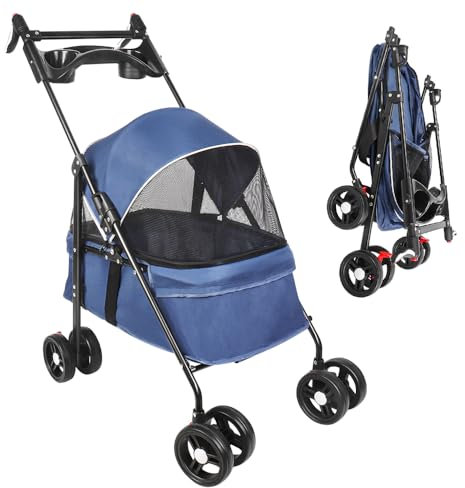 Homewell Klappbarer Haustierwagen mit Getränkehalter, Hundewagen & Katzenwagen, Leicht & Bequem mit Sicherheitsgurt, Atmungsaktiv, Stauraum, bis 20kg (Blau)