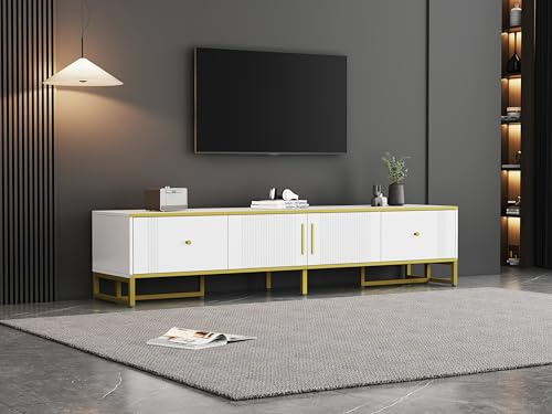 TIZZ Eleganter weißer TV-Schrank, 180x40x40 cm, mit Goldener Umrandung, 2 Türen, 2 Schubladen, verstellbaren Füßen und Kabelmanagement – ideal für 80-Zoll-Fernseher