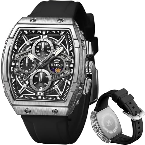 OLEVS Men Watches Business Dress Chronograph Big Square Analog Male Watch Silicone Strap Waterproof Date Gift Mens Wrsit Watch Silver