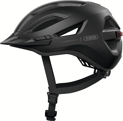 ABUS Stadthelm Urban-I 4.0 - Fahrradhelm mit aufladbarem Rücklicht, 2 Leuchtmodi, Schirm, Zopf-Öffnung und magnetischem Verschluss - für Jugendliche, Frauen und Männer