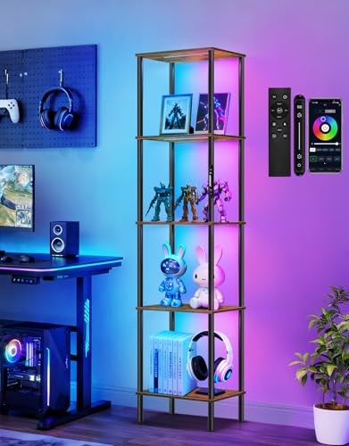 OUTONLIFE RGB Stehlampe mit Regal, Dimmbar, Touch & APP & Fernbedienung, Musik-Sync, 16 Mio. Farben, Einstellbare Beleuchtung, Bücherregal mit Licht für Wohnzimmer Schlafzimmer Büro
