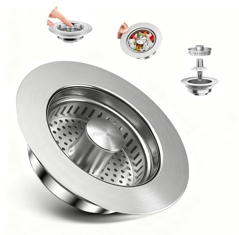 Colador Fregadero 3 en 1 de Acero Inoxidable tapón Fregadero Cocina de Cocina y tapón de Lavabo para Profundidad > 40 mm Orificio de 75 – 86 mm Tapón Press Push para Fregaderos Anti-obstrucción