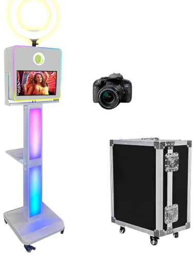 WideMeet Appareil photo reflex numérique avec écran tactile de 15,6, impression instantanée pour selfie avec anneau lumineux RVB et étui de transport pour fêtes de mariage, événements (blanc, cabine