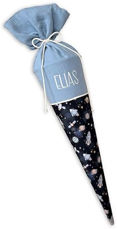 Generisch Schultüte für Junge Blau Weltall | personalisierte Zuckertüte mit Name | handgemacht | hochwertige Stoffschultüte zur Einschulung (70cm - ohne Kissen)