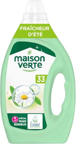 Maison Verte - Lessive Liquide - Parfum Fraîcheur d'Ete - Lessive Détachante - Spécial Peaux Sensibles - Efficace dès 20°C - 5 Enzymes Actives d'Origine Naturelle - Sans Conservateurs - 33 Lavages