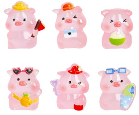 PLUSHCEWT Mini-Tiere, aus Kunstharz, leuchten im Dunkeln, rosa Glücksschwein-Figuren, kleine Harz-Tiere für Feengarten, Schreibtischdekoration, DIY-Miniatur-Bastelarbeiten und Partygeschenke, 6 Stück