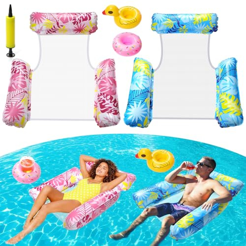 2 Stück Aufblasbare Luftmatratze Wasser mit 1 Luftpump und 2 Getränkehalter | 4 in 1 Wasserhängematte mit Netz Schwimmsessel Wasser Matratze Pool Zubehör Liege Sofa Stuhl Sitz Erwachsene Kinder Stabil
