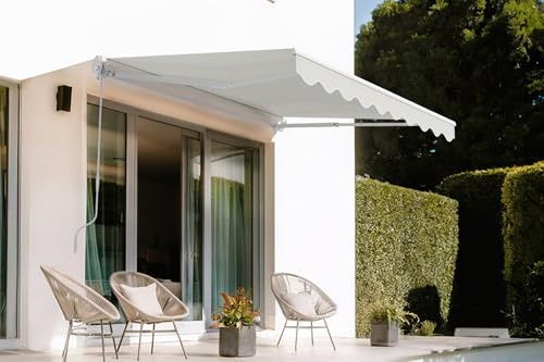CAZEBOO Toldo Monobloque Manual Vecchio 250 x 200 cm 2,5 x 2 m 5 m² Beige Blanco Aluminio Protección UV50+ Terraza Balcón Jardín Repelente al Agua Lona 320 g/m² Inclinación 30-100°