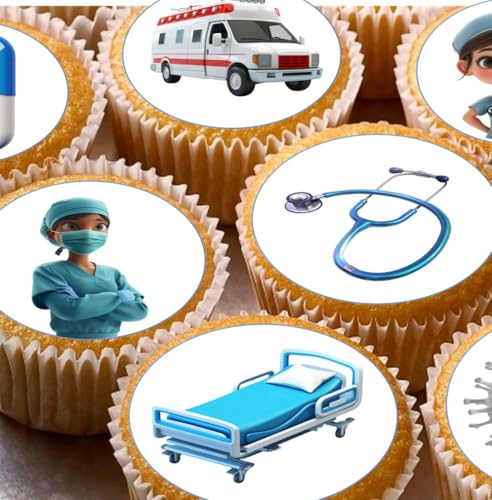 Medical Pre-cut Edible Cupcake Toppers x 24 | Healthcare, Hospital, Doctor & Nurse Theme, Cake Decorations, Edible Wafer, Pack of 24