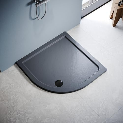 ZANOFIRA 800 x 800mm Quadrant Shower Tray Grey Stone Effect Anti-Slip Slimline 40mm Low Profile Shower Base with 90mm Waste Trap for Corner Shower Enclosure Wet Room