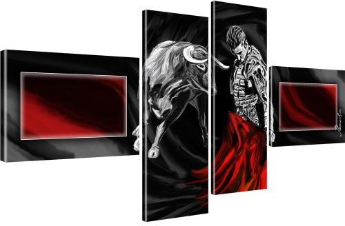 Kunstlab Wandbilder Stier Corrida Stierkampf Leinwandbild 4-Teilig: 170x80 cm